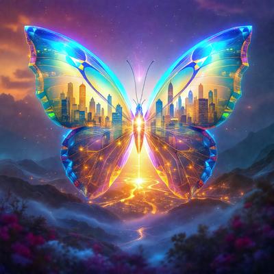 Primary subject: A butterfly with a cityscape in the background.

Setting/background: The butterfly is in front of a cityscape, which includes buildings and a skyline.

Visual style: The image is a digital art or illustration.

Colors and mood: The image has a vibrant and lively atmosphere, with the butterfly and cityscape both featuring a mix of bright colors.